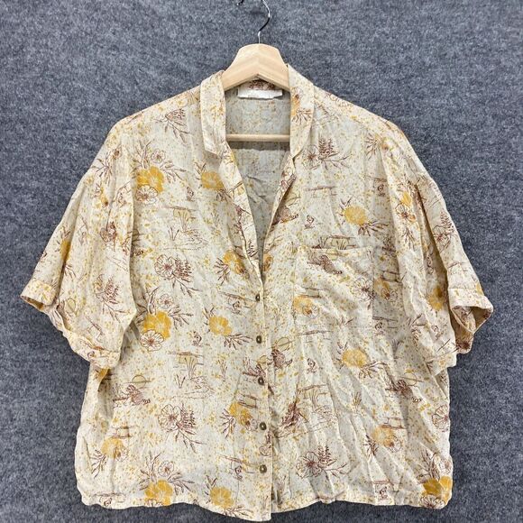 5/$45 Prana Shirt Women L Large Beige Floral Button Up Collared Short Sleeve - Picture 4 of 8
